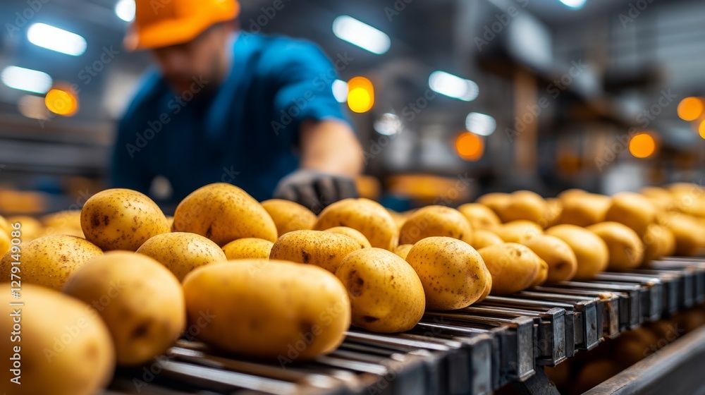 Poster Man is working in a potato processing plant. The potatoes are being sorted and processed. The scene is industrial and busy
