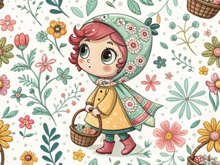 Naklejka premium Cute Chibi Spring Character on Abstract Pattern - Documentary Style