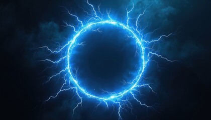 Electric blue lightning frame with plasma portal on dark background. Round glowing sphere with neon strikes. Energy circle border with flash spark effects for technology projects, games.