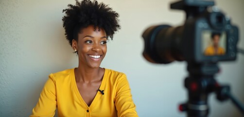 Attractive smiling black woman in yellow v-neck cardigan speaks in front of camera on tripod. Online video blogger streams live content. Influencer presents review. Vlogger with mic creates video
