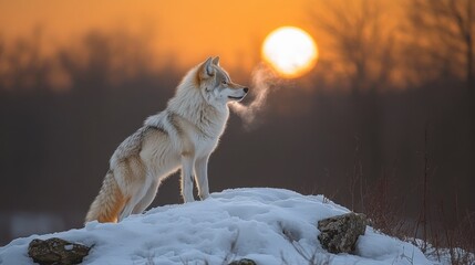 Obraz premium Majestic lone wolf silhouetted against a vibrant sunset, standing proudly on a snow-covered hilltop. Breath visible in the cold air.