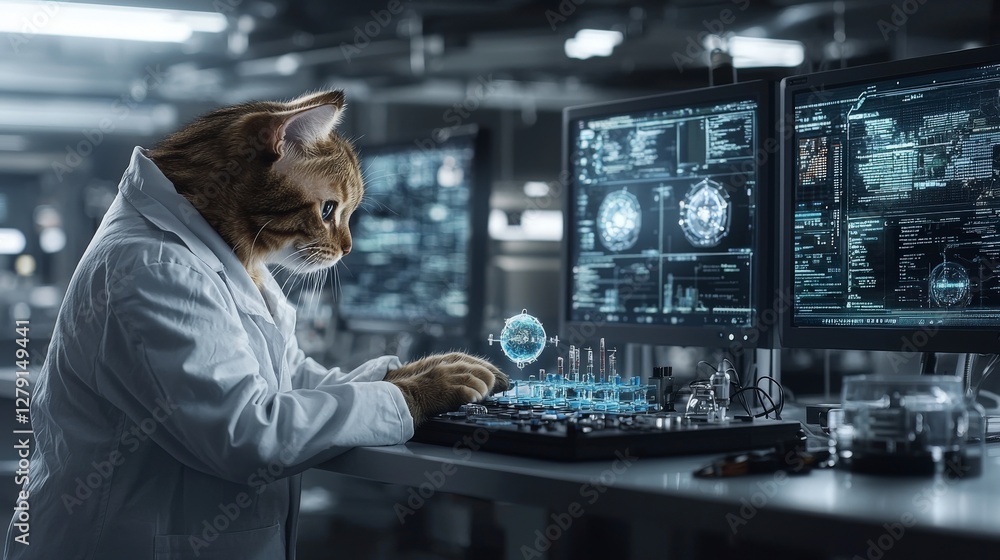 Poster Cat in lab coat innovating technology in a high-tech laboratory - close-up digital art focused environment