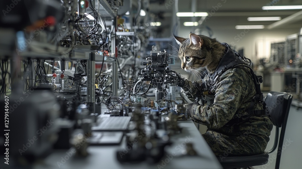 Poster creative cat engineer in a high-tech lab innovative digital designs in a futuristic indoor environme