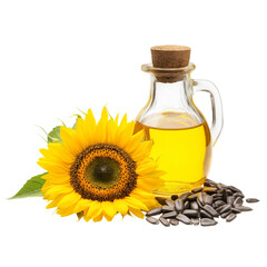 sun flower oil with sunflower and sunflower seed on a transparent background