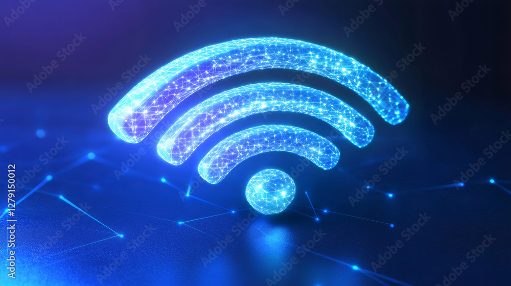 Poster glowing wi-fi icon radiating network connections against deep black backdrop, symbolizing wireless d