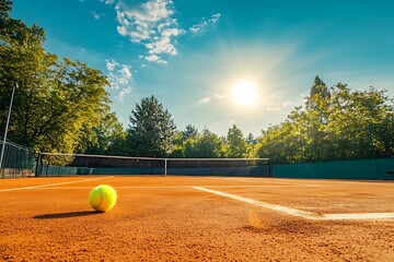Tennis ball on sunny clay court.