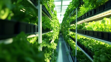Hydroponic farm with vibrant green lettuce plants.