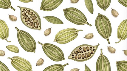 Cardamom Pods Seamless Pattern Hand-Drawn Botanical Illustration, Spice, Green, White Background Cardamom, Botanical Illustration