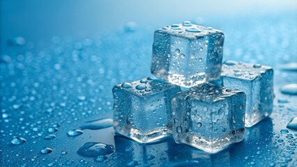 Close-up of Wet Ice Cubes on Blue Background Macro Photography, Frozen Water Concept, Ice Texture Ice cubes, macro photography, water droplets