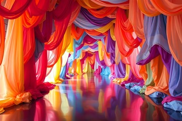 Surreal passageway lined with cascading, colorful fabrics draped in shades of red, orange, yellow, pink, purple, and blue, creating an ethereal, cave-like tunnel effect. 