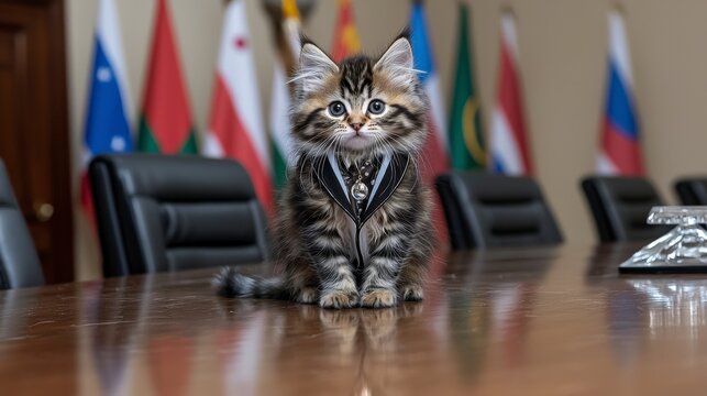 Charming kitten in business suit at conference table a cute animal in a formal environment