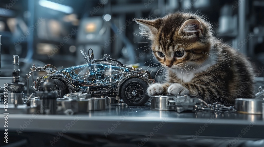 Poster Innovative kitten engineer constructs futuristic vehicles in high-tech lab setting with impressive tools