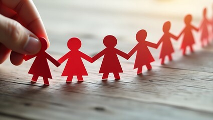 "A close-up of a hand holding a red paper chain of human figures on a wooden surface, symbolizing unity, connection, teamwork, and community support."