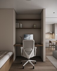 A modern home office featuring sleek wooden desk, stylish white chair, and minimalist shelving. space is bright and organized, promoting productivity and creativity