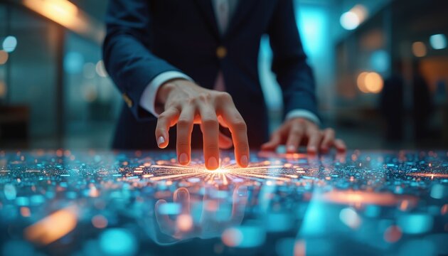Close-up of person finger touching interactive high-tech touch screen table with particle effects. Digital advanced technology, artificial intelligence user interface, digital transformation,