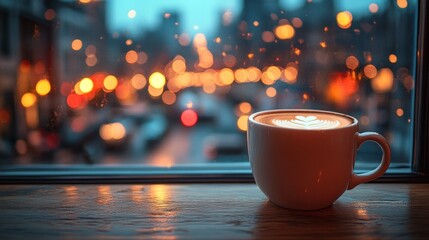 Obraz premium Latte art in white cup on window sill, overlooking night city lights and rain.