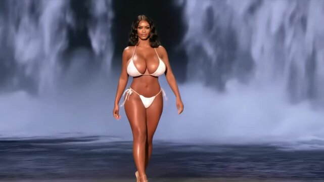 The attractive athletic young woman with big breast  in bikini is posing on stage with the waterfall background. Power and energy.