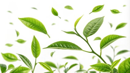 Floating Green Tea Leaves High-Res Image, Close-up Composition, Freshness Concept, Tea Plant, Nature Tea Photography, Green Tea