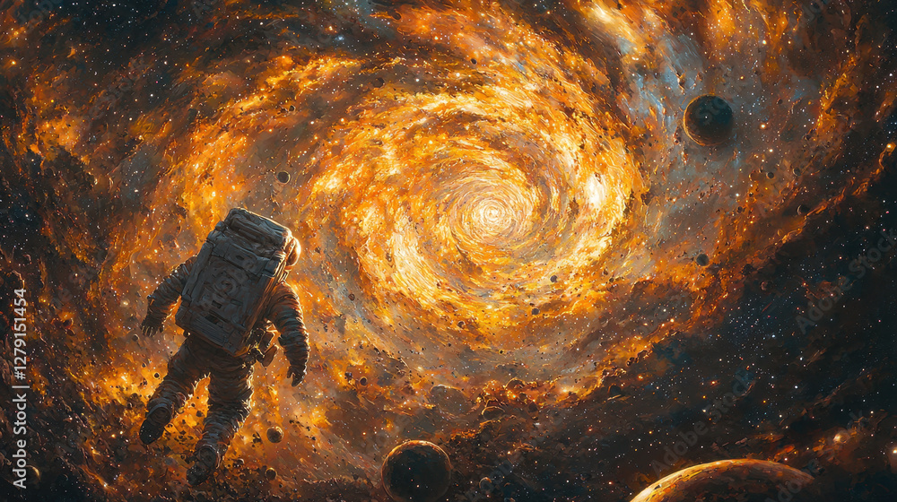 Poster cosmic storm of swirling galaxies and planets colliding while astronauts navigate through an endless