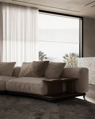 Grey sofa with coffee tables in living room, closeup