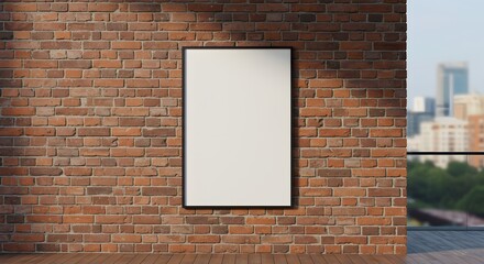 Blank white poster frame mounted on a red brick wall. Ideal for branding, mockup design.