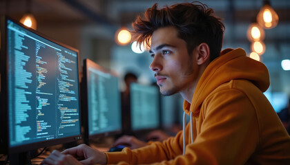 Young developer codes on pc with multiple monitors in office at night. Focused IT worker develops software. Man in yellow hoodie writes program code. Coding bootcamp, hackathon, startup concept.