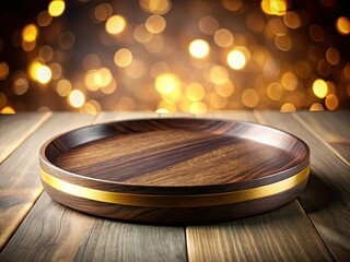 Obraz premium Dark Wooden Plate with Gold Stripe, Bokeh Effect, High-Quality Photo