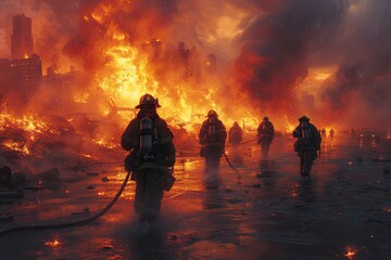 A heroic firefighter fighting through fire while on duty