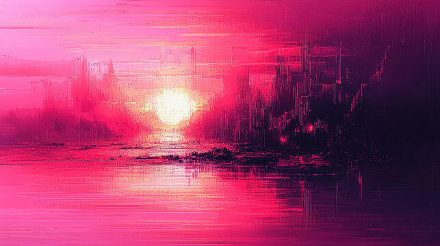 Cybernetic ruins reflect a collapsing dystopia with glitching entities lost in digital chaos amidst a surreal sunset