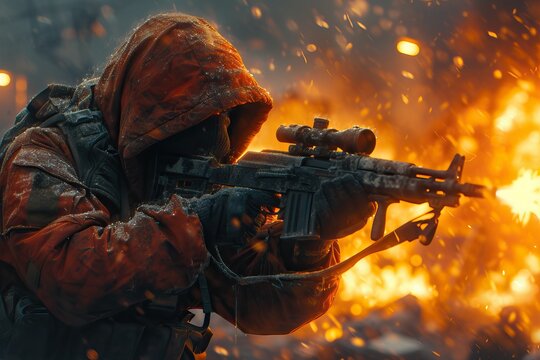 A battle-hardened soldier, weapon in hand, amidst fire and heavy rain