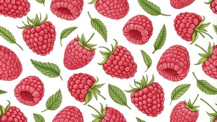 Raspberry Seamless Pattern Hand-Drawn Illustration, Red Berries, Green Leaves, White Background, Botanical Design Raspberry, Berries, Illustration