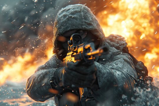 A battle-hardened soldier, weapon in hand, amidst fire and heavy rain