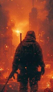 An armed soldier standing amid fire and stormy conditions