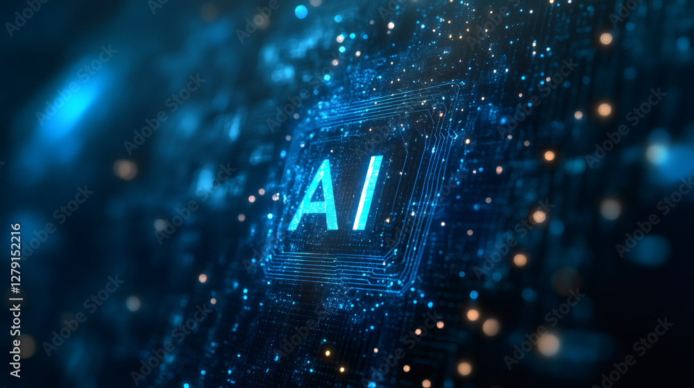 Aufkleber Artificial intelligence symbol glowing on blue futuristic circuit board with bokeh effect