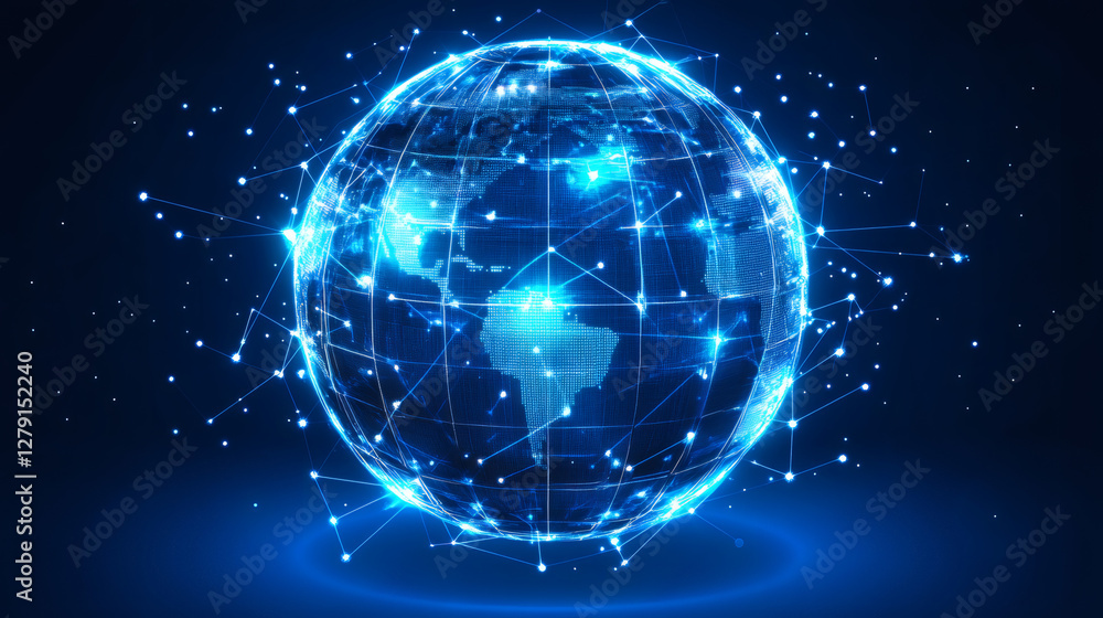 Poster Futuristic digital world globe rotating and showing network connections and data exchange on blue background