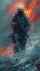 A battle-hardened soldier, weapon in hand, amidst fire and heavy rain