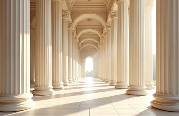 Hall perspective with symmetrical rows of marble columns, arches. Ancient interior design with sunlight shining through distant entrance. Classical building architecture suitable for presentations,