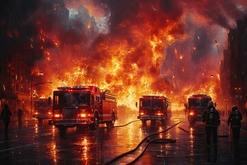 A firefighter standing strong, surrounded by fire while at work