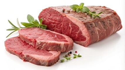 Fototapeta premium Sliced Beef Roast with Herbs Close-up Studio Shot, Food Photography, Meat, Recipe Beef, Steak