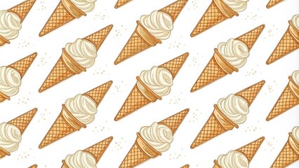 Seamless Pattern Soft Serve Ice Cream Cones, Hand-Drawn Illustration, Summer Dessert Concept, Ice Cream Texture, Waffle Cone Design Ice Cream, Summer