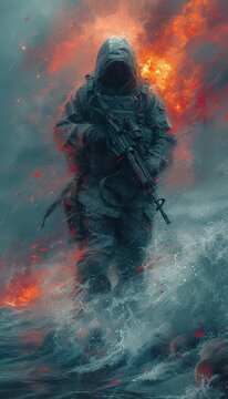 A battle-hardened soldier, weapon in hand, amidst fire and heavy rain