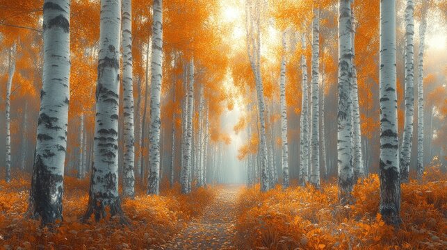Autumnal birch forest path, misty sunrise, nature scene, wallpaper