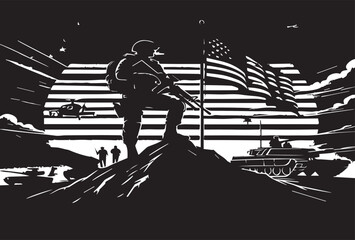 Military vector illustration army combat. Soldiers in action poses.
