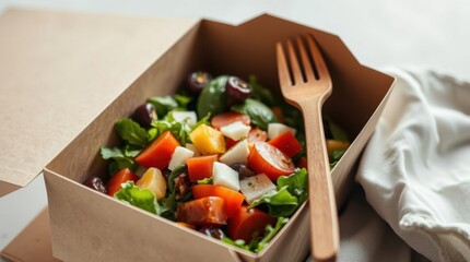 Fresh takeaway salad with tomatoes, greens, cheese, and olives in a cardboard container with fork.