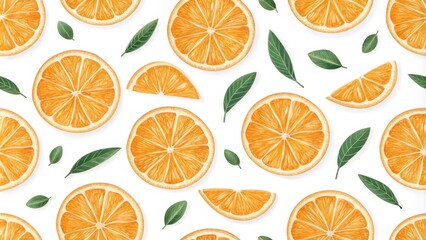 Obraz premium Watercolor Orange Slices and Leaves Pattern Vibrant Citrus Repeat, Orange, Citrus, Pattern