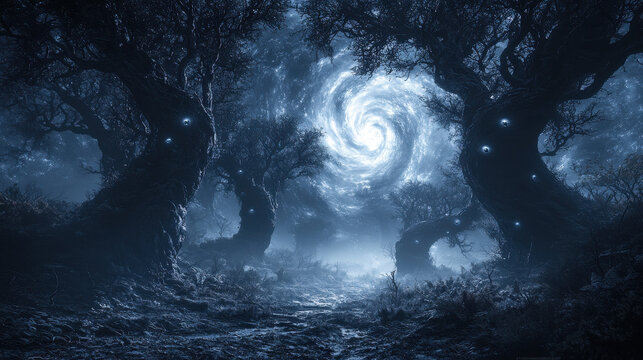 Dark forest with human eyes and cryptic roots under a swirling galaxy sky creates a surreal and eerie atmosphere
