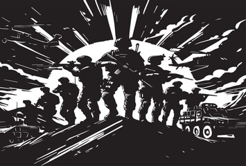 Military vector illustration army combat. Soldiers in action poses.