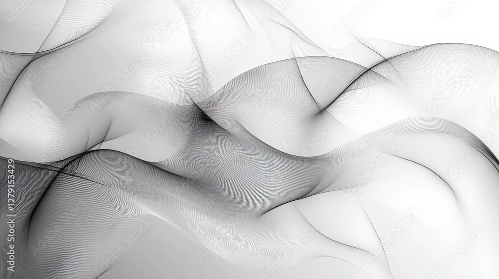 Poster abstract flowing waves of black and white smoke creating a serene and ethereal atmosphere