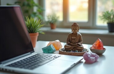 Laptop, Buddha statue, gemstones on table against window. Sacred workspace for online spiritual practice, meditation, reiki, chakra balancing, mindfulness, zen work, energy healing, stress relief,