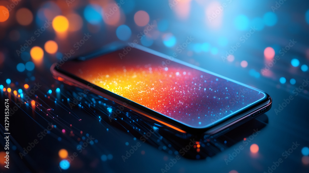 Poster fiber optic cables transferring data to smartphone, creating colorful particle effect on the screen